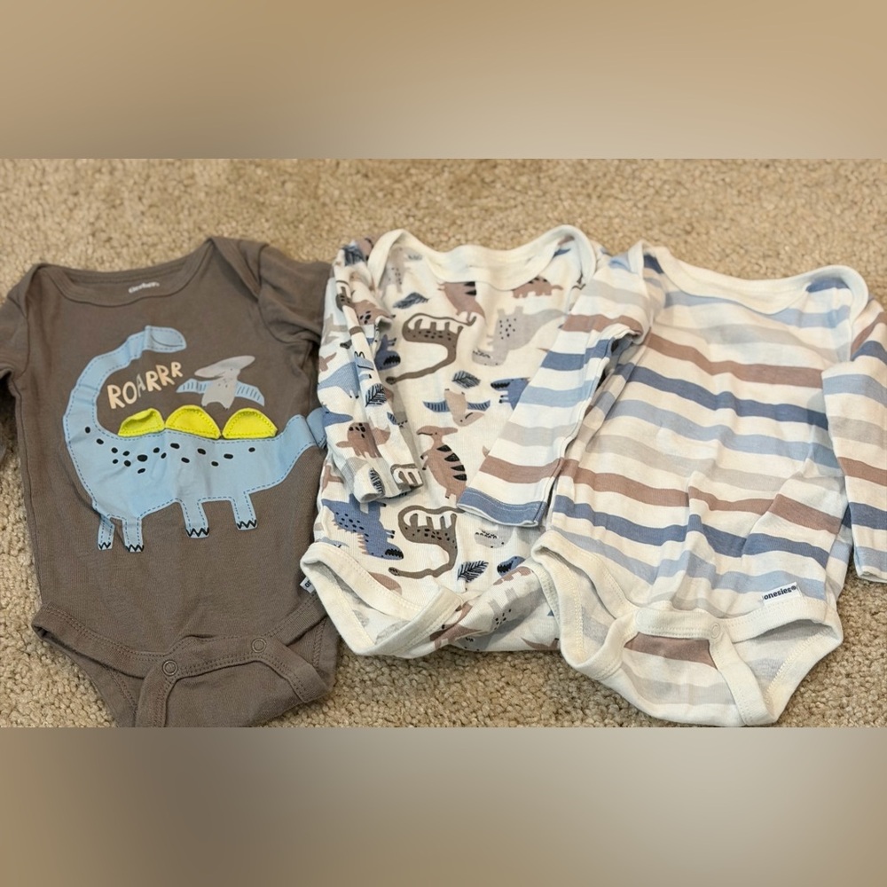 Gerber Dinosaur and Striped Bodysuits - Gray, Blue, Cream